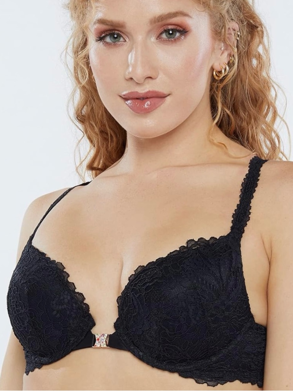 Savage X Fenty Black Lace Plunge Jeweled Front-Closure Push Up Bra Size 36B